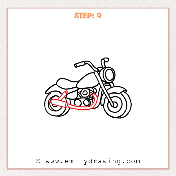 how to draw a cartoon motorcycle - Cartoon motorcycle drawing adds a thick curved exhaust pipe looping under the engine and a rounded muffler near the rear wheel.